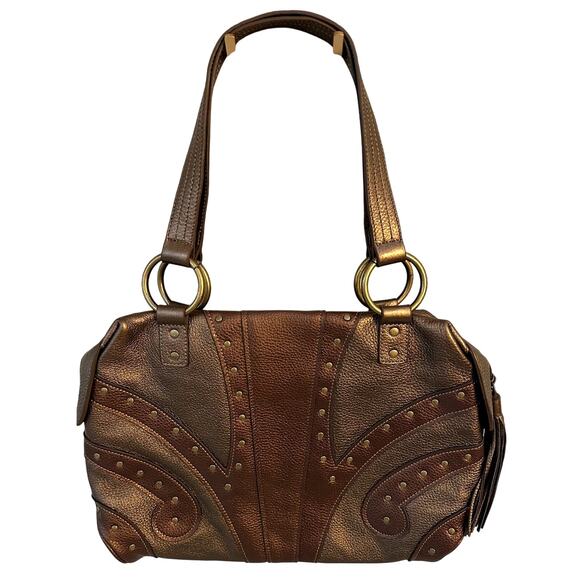 Y2K Hot in Hollywood Bronze Leather Shoulder Bag – Studded Patchwork Style - Picture 1 of 4